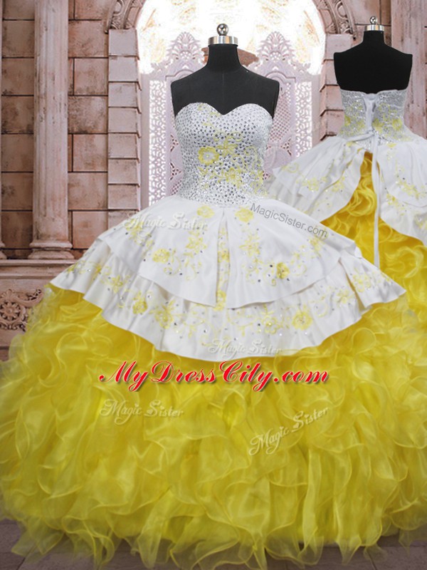 Yellow And White Quinceanera Gowns Military Ball and Sweet 16 and Quinceanera with Beading and Appliques and Ruffles Sweetheart Sleeveless Brush Train Lace Up