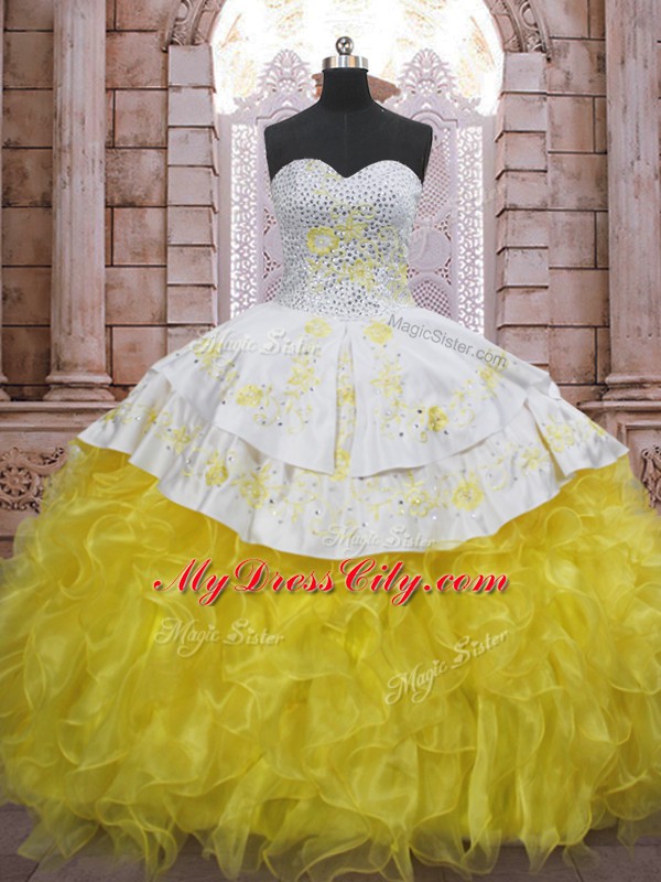 Yellow And White Quinceanera Gowns Military Ball and Sweet 16 and Quinceanera with Beading and Appliques and Ruffles Sweetheart Sleeveless Brush Train Lace Up