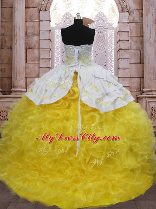 Yellow And White Quinceanera Gowns Military Ball and Sweet 16 and Quinceanera with Beading and Appliques and Ruffles Sweetheart Sleeveless Brush Train Lace Up