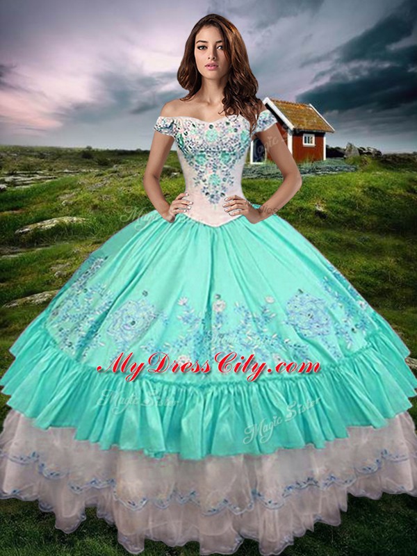 Best Floor Length Lace Up Sweet 16 Quinceanera Dress Aqua Blue for Military Ball and Sweet 16 and Quinceanera with Beading and Embroidery and Ruffled Layers