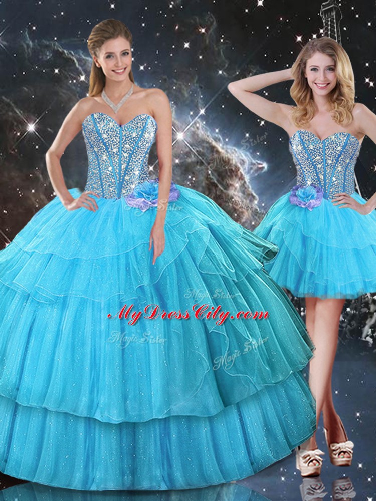 Sweetheart Sleeveless Organza 15th Birthday Dress Ruffled Layers and Sequins Lace Up