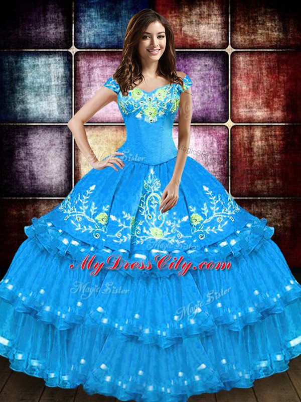 Fitting Baby Blue Sleeveless Embroidery and Ruffled Layers Floor Length Sweet 16 Dress