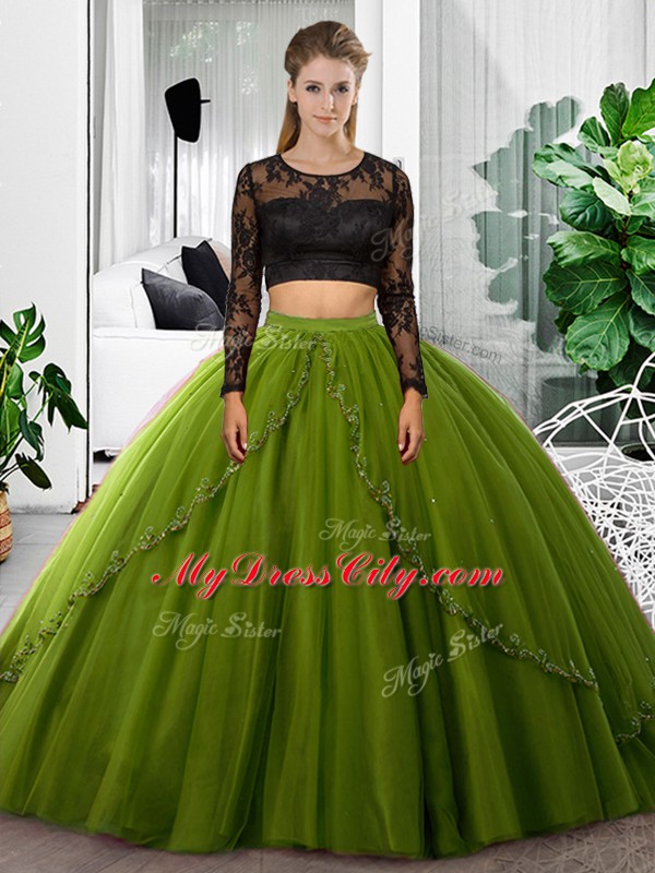 Fantastic Lace and Ruching Sweet 16 Dress Olive Green Backless Long Sleeves Floor Length