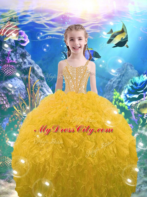 Gold Organza Lace Up Straps Sleeveless Floor Length Pageant Dress for Girls Beading and Ruffles