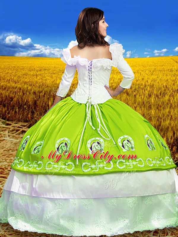 Embroidery Quinceanera Gown Yellow Green Lace Up 3 4 Length Sleeve Floor Length