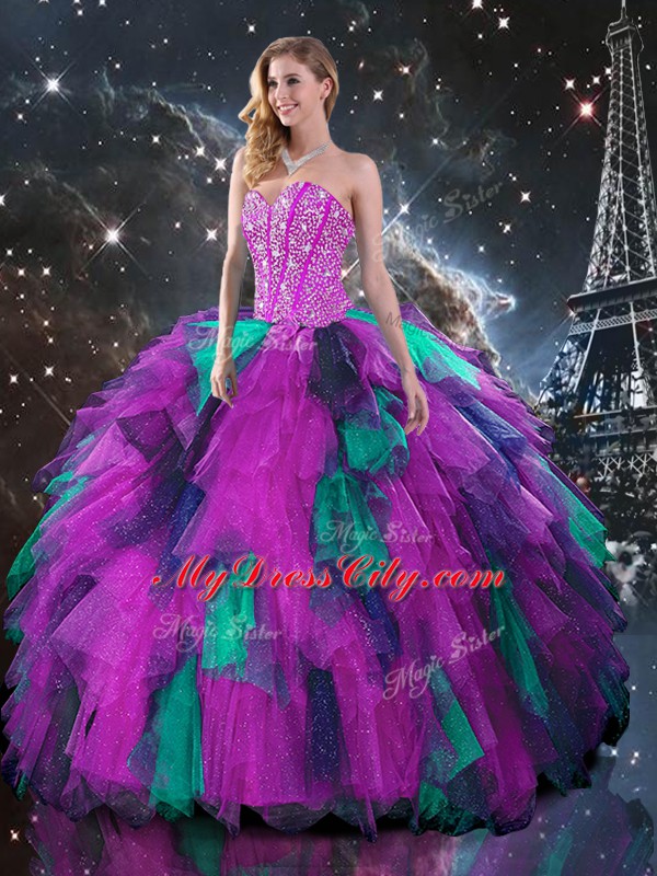 Luxury Multi-color Organza Lace Up Sweetheart Sleeveless Floor Length Quinceanera Gown Beading and Ruffles