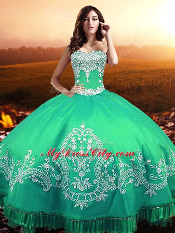 Turquoise Lace Up Sweetheart Beading and Appliques Quince Ball Gowns Taffeta Sleeveless