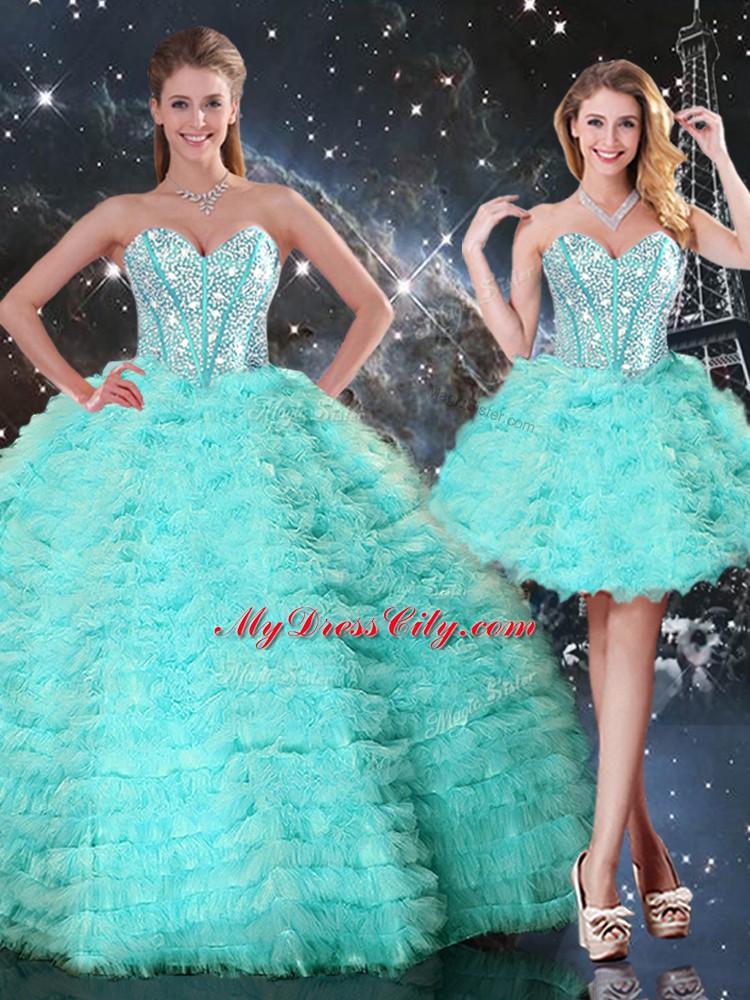 Charming Turquoise Sleeveless Beading and Ruffled Layers Floor Length 15 Quinceanera Dress