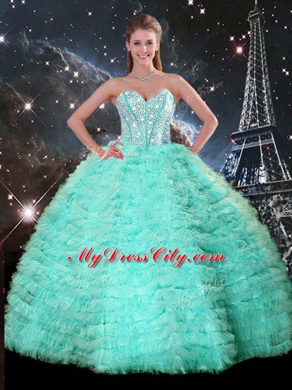 Charming Turquoise Sleeveless Beading and Ruffled Layers Floor Length 15 Quinceanera Dress