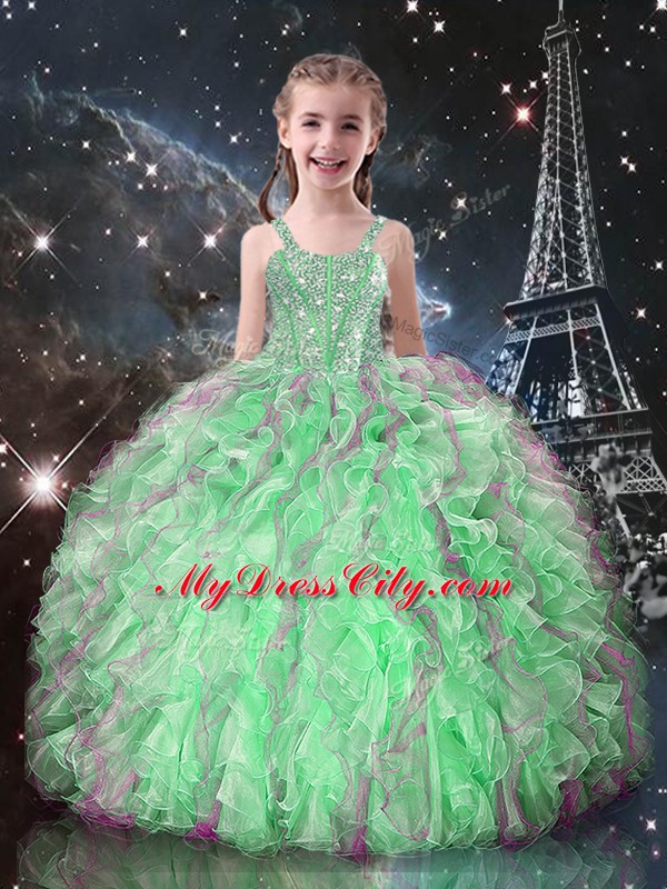 Hot Selling Organza Straps Sleeveless Lace Up Beading and Ruffles Custom Made in Apple Green