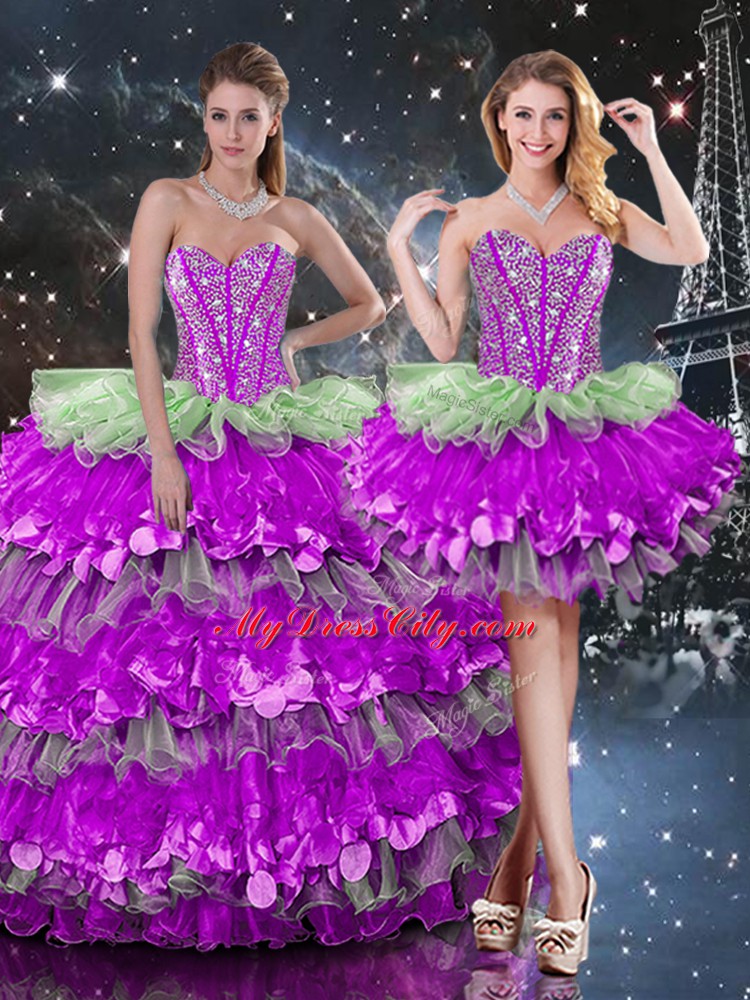 Captivating Multi-color Ball Gowns Organza Sweetheart Sleeveless Beading and Ruffles and Ruffled Layers Floor Length Lace Up Vestidos de Quinceanera