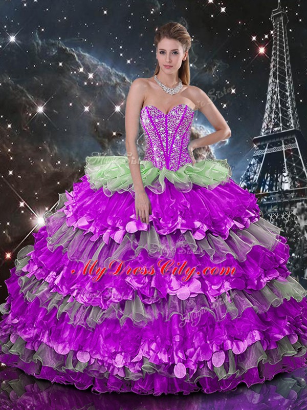 Captivating Multi-color Ball Gowns Organza Sweetheart Sleeveless Beading and Ruffles and Ruffled Layers Floor Length Lace Up Vestidos de Quinceanera