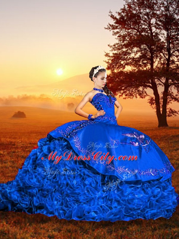 Superior Embroidery and Ruffles Quinceanera Dress Blue Lace Up Sleeveless Brush Train