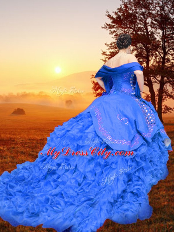 Superior Embroidery and Ruffles Quinceanera Dress Blue Lace Up Sleeveless Brush Train