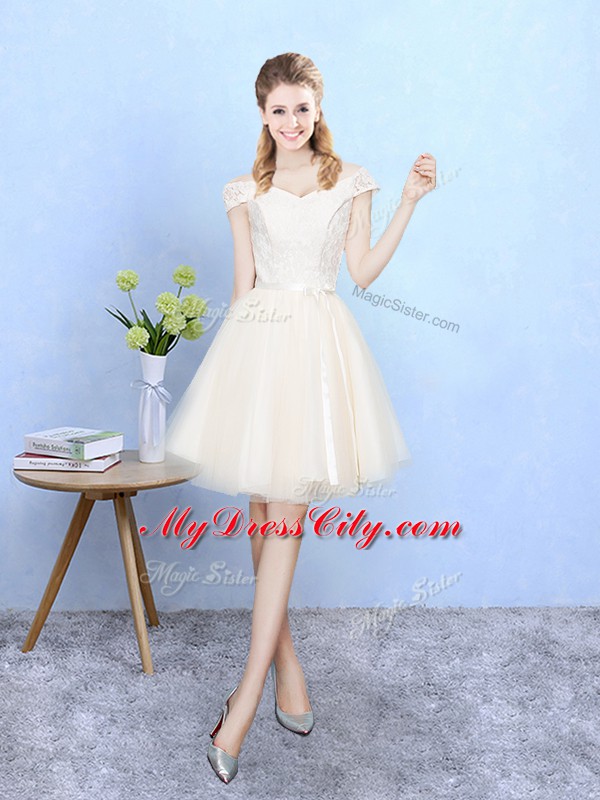 Artistic Empire Damas Dress Champagne Off The Shoulder Tulle Cap Sleeves Knee Length Lace Up