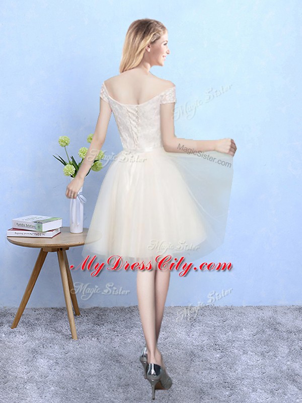 Artistic Empire Damas Dress Champagne Off The Shoulder Tulle Cap Sleeves Knee Length Lace Up