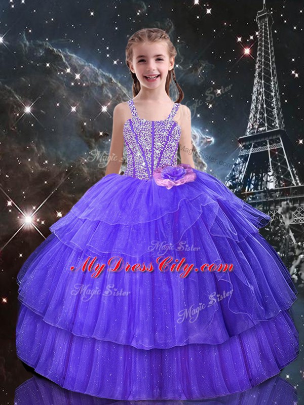 Eggplant Purple Ball Gowns Organza Straps Sleeveless Beading and Ruffled Layers Floor Length Lace Up Kids Formal Wear