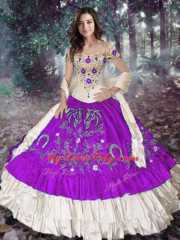 Traditional Off The Shoulder Sleeveless Sweet 16 Quinceanera Dress Floor Length Embroidery and Ruffled Layers Eggplant Purple Taffeta