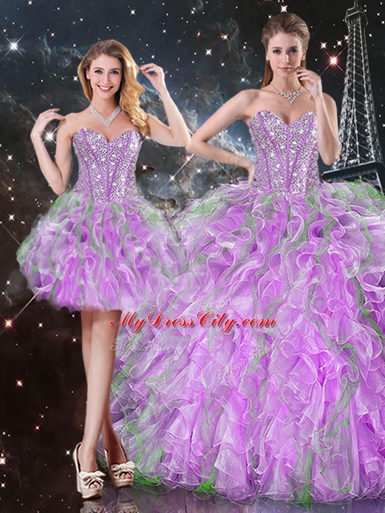 Exceptional Floor Length Lilac 15 Quinceanera Dress Organza Sleeveless Beading and Ruffles