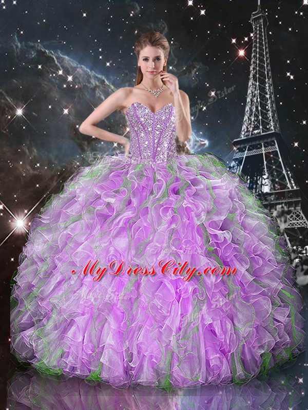 Exceptional Floor Length Lilac 15 Quinceanera Dress Organza Sleeveless Beading and Ruffles