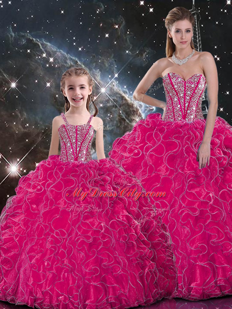 Hot Pink Ball Gowns Sweetheart Sleeveless Organza Floor Length Lace Up Beading and Ruffles Sweet 16 Quinceanera Dress