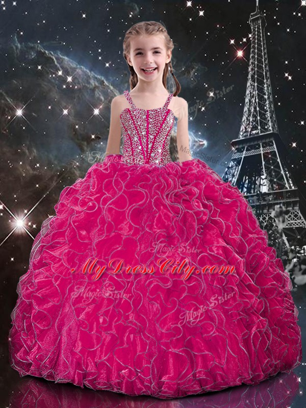 Hot Pink Ball Gowns Sweetheart Sleeveless Organza Floor Length Lace Up Beading and Ruffles Sweet 16 Quinceanera Dress