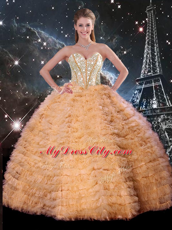 Sleeveless Tulle Floor Length Lace Up Quinceanera Dress in Orange with Beading and Ruffles