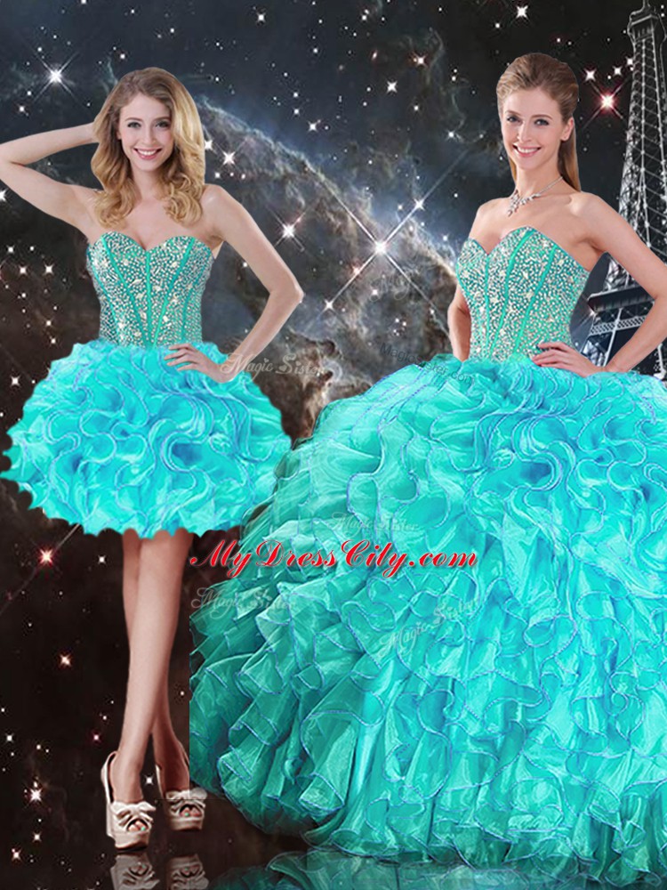 Amazing Aqua Blue Lace Up Ball Gown Prom Dress Beading and Ruffles Sleeveless Floor Length