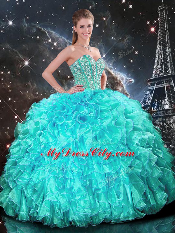 Amazing Aqua Blue Lace Up Ball Gown Prom Dress Beading and Ruffles Sleeveless Floor Length