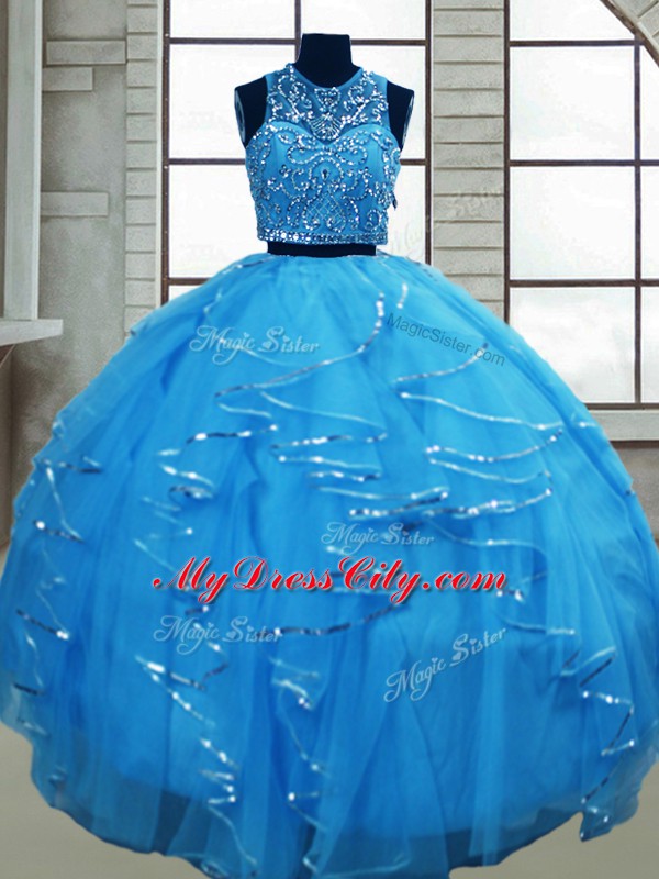 Baby Blue Lace Up Scoop Beading and Ruffles Quinceanera Gowns Tulle Sleeveless