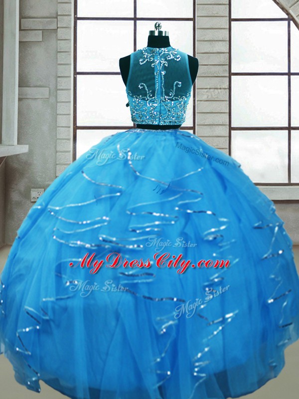 Baby Blue Lace Up Scoop Beading and Ruffles Quinceanera Gowns Tulle Sleeveless