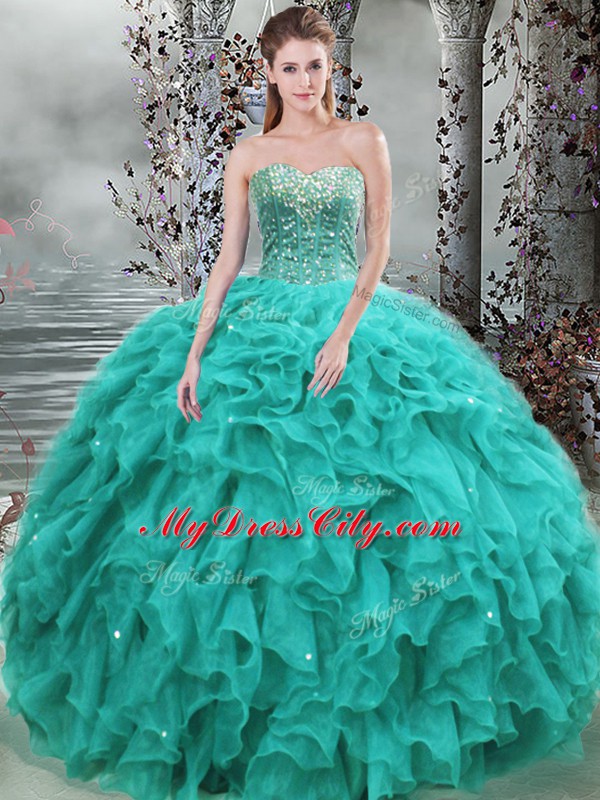 Turquoise Sleeveless Beading and Ruffles Floor Length 15th Birthday Dress