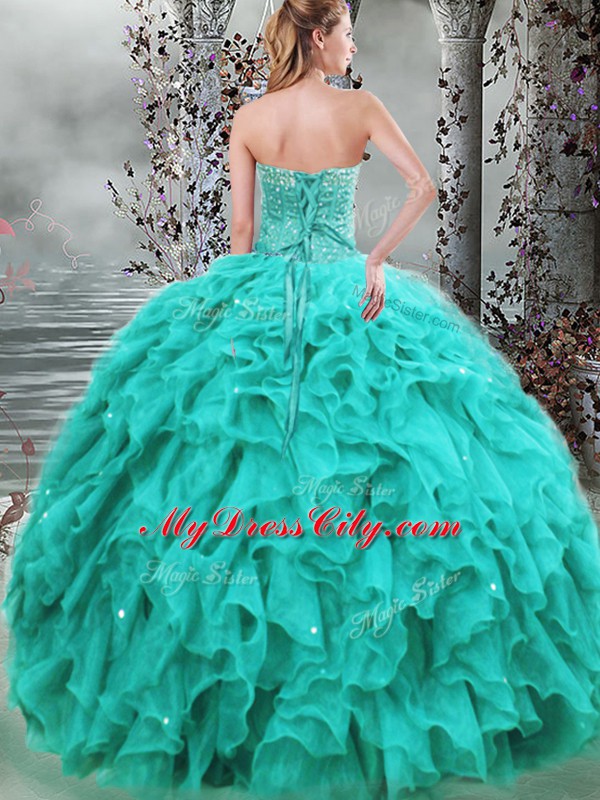 Turquoise Sleeveless Beading and Ruffles Floor Length 15th Birthday Dress