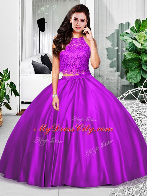 Hot Selling Eggplant Purple Sleeveless Lace and Ruching Floor Length Sweet 16 Dress