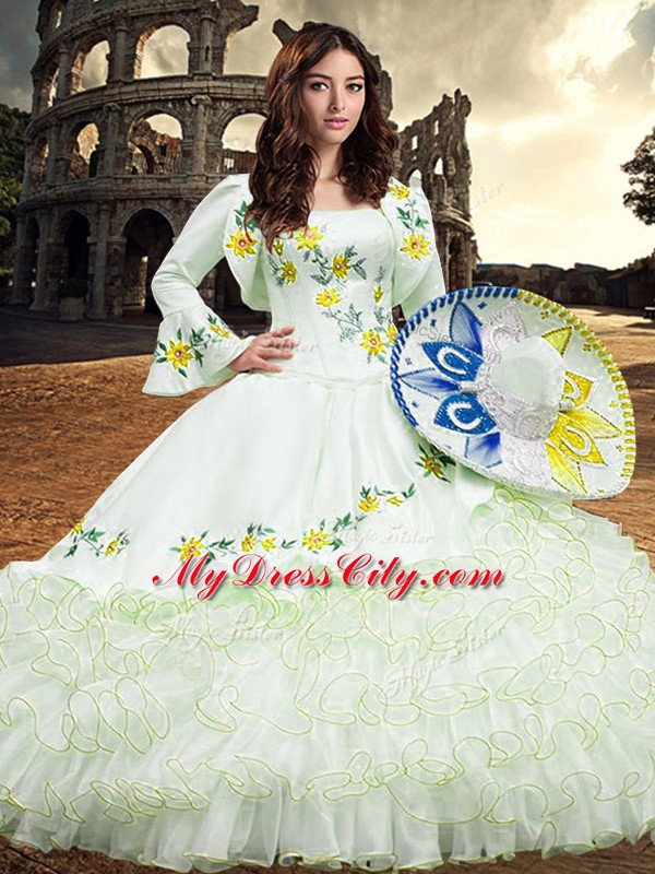 Custom Fit Long Sleeves Floor Length Embroidery and Ruffled Layers Lace Up Quince Ball Gowns with White