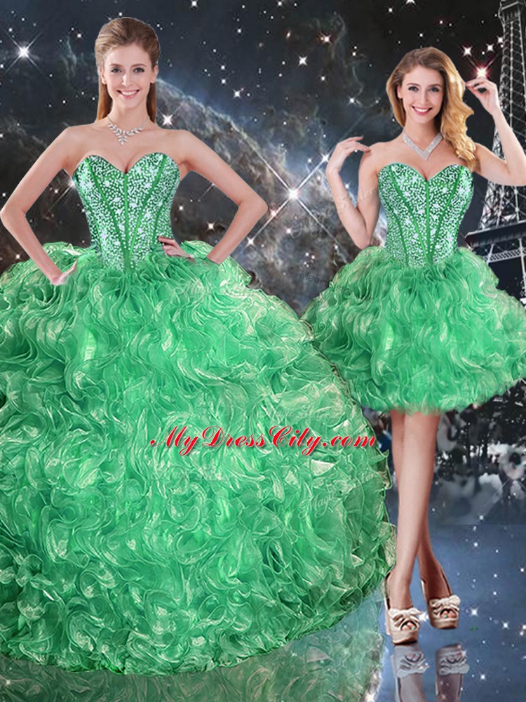 Noble Floor Length Lace Up Sweet 16 Dress Green for Military Ball and Sweet 16 and Quinceanera with Beading and Ruffles