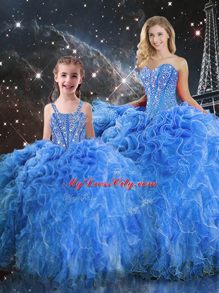 Custom Design Baby Blue Sweet 16 Dresses Military Ball and Sweet 16 and Quinceanera with Beading and Ruffles Sweetheart Sleeveless Lace Up