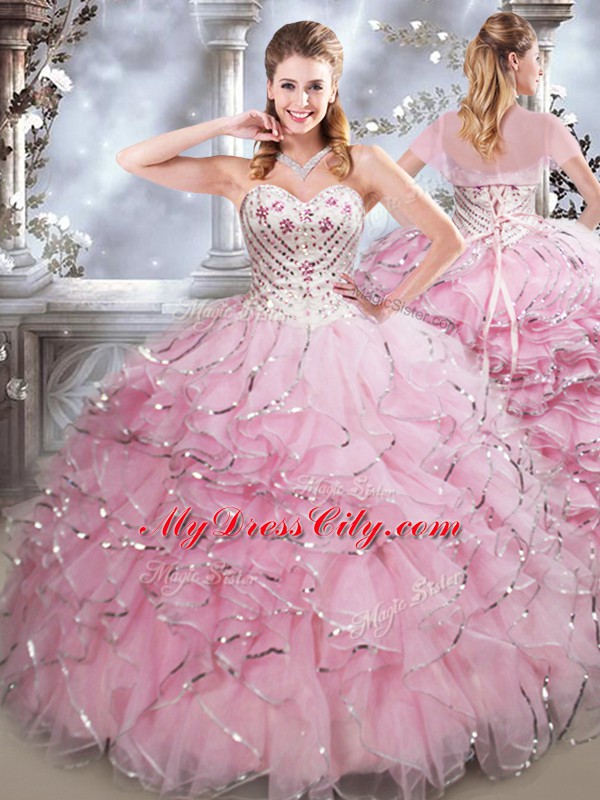 Smart Baby Pink Organza Lace Up Quinceanera Dresses Sleeveless Floor Length Beading and Ruffles