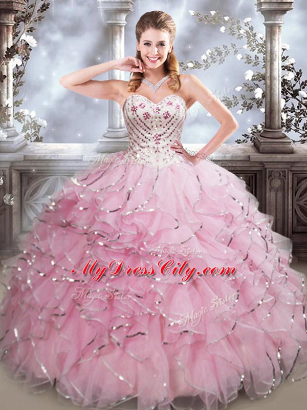 Smart Baby Pink Organza Lace Up Quinceanera Dresses Sleeveless Floor Length Beading and Ruffles