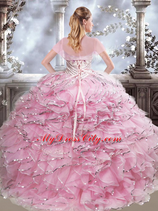 Smart Baby Pink Organza Lace Up Quinceanera Dresses Sleeveless Floor Length Beading and Ruffles