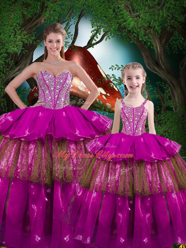 Elegant Fuchsia Ball Gowns Beading and Ruffled Layers 15 Quinceanera Dress Lace Up Organza Sleeveless Floor Length