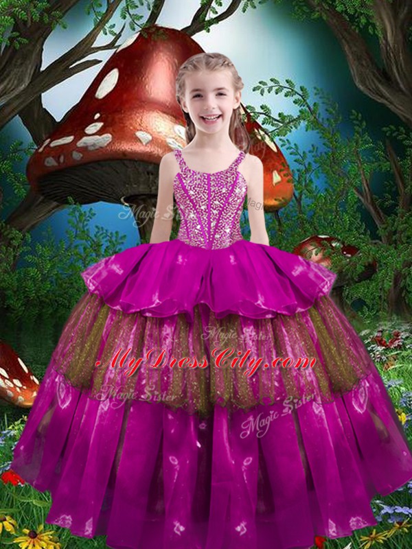 Elegant Fuchsia Ball Gowns Beading and Ruffled Layers 15 Quinceanera Dress Lace Up Organza Sleeveless Floor Length