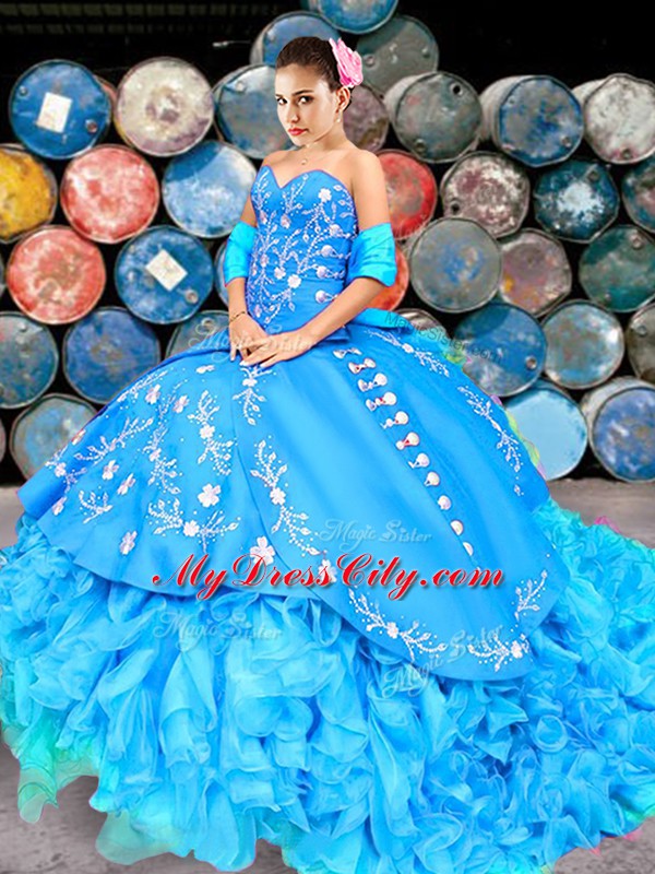 Delicate Organza Sleeveless Sweet 16 Quinceanera Dress Brush Train and Embroidery and Ruffles