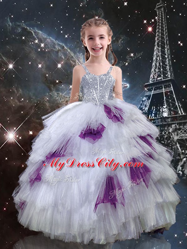 Stunning White Lace Up Straps Beading and Ruffled Layers Custom Made Pageant Dress Tulle Sleeveless