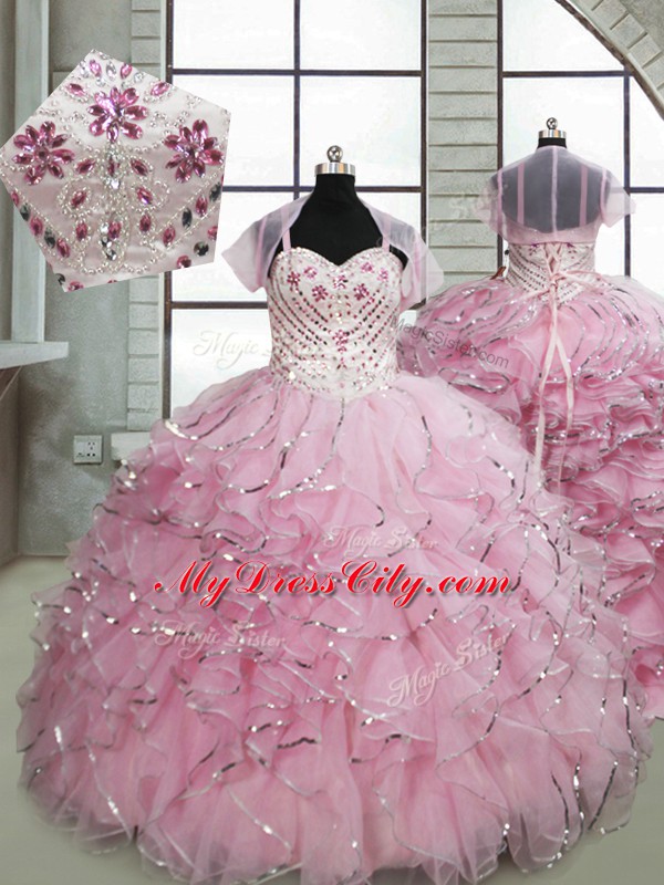 Brush Train Ball Gowns Custom Made Baby Pink Spaghetti Straps Organza Sleeveless Lace Up