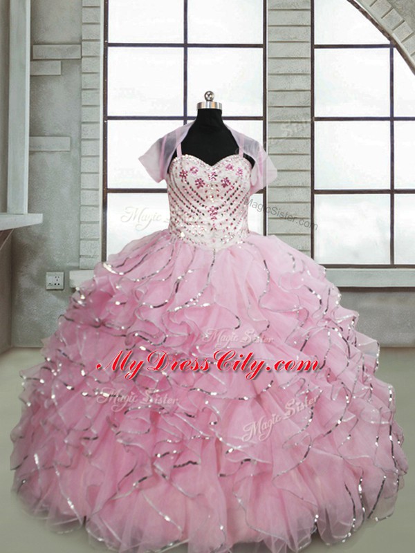 Brush Train Ball Gowns Custom Made Baby Pink Spaghetti Straps Organza Sleeveless Lace Up