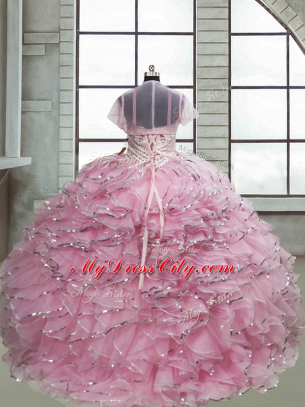 Brush Train Ball Gowns Custom Made Baby Pink Spaghetti Straps Organza Sleeveless Lace Up