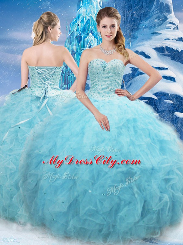 Aqua Blue Ball Gowns Sweetheart Sleeveless Tulle Floor Length Lace Up Beading and Pick Ups Quinceanera Dresses