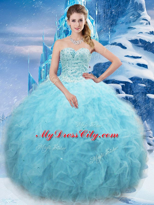 Aqua Blue Ball Gowns Sweetheart Sleeveless Tulle Floor Length Lace Up Beading and Pick Ups Quinceanera Dresses