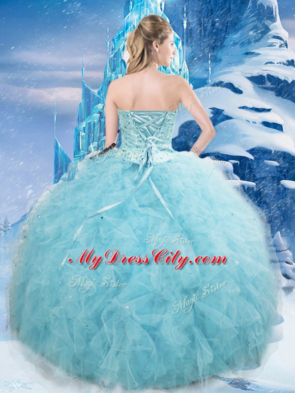 Aqua Blue Ball Gowns Sweetheart Sleeveless Tulle Floor Length Lace Up Beading and Pick Ups Quinceanera Dresses